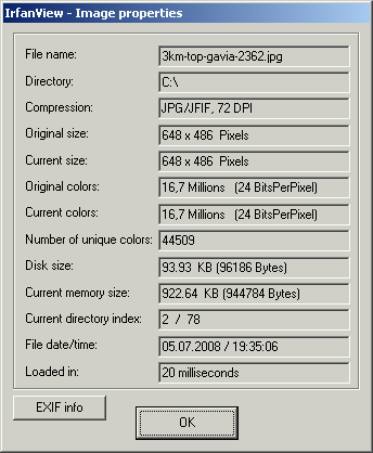 Image / foto eigenschappen met EXIF button in Irfanview