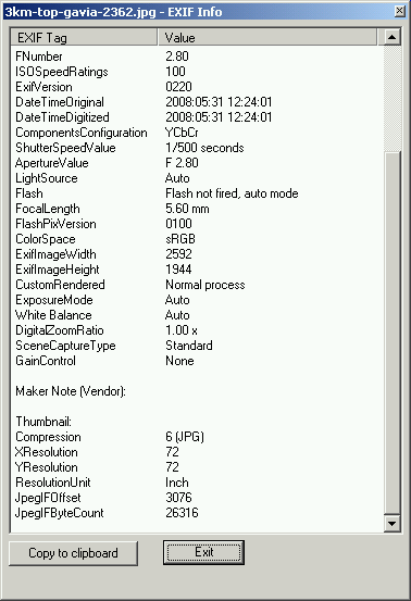 Exif informatie van een jpg foto onderste helft (bottom)